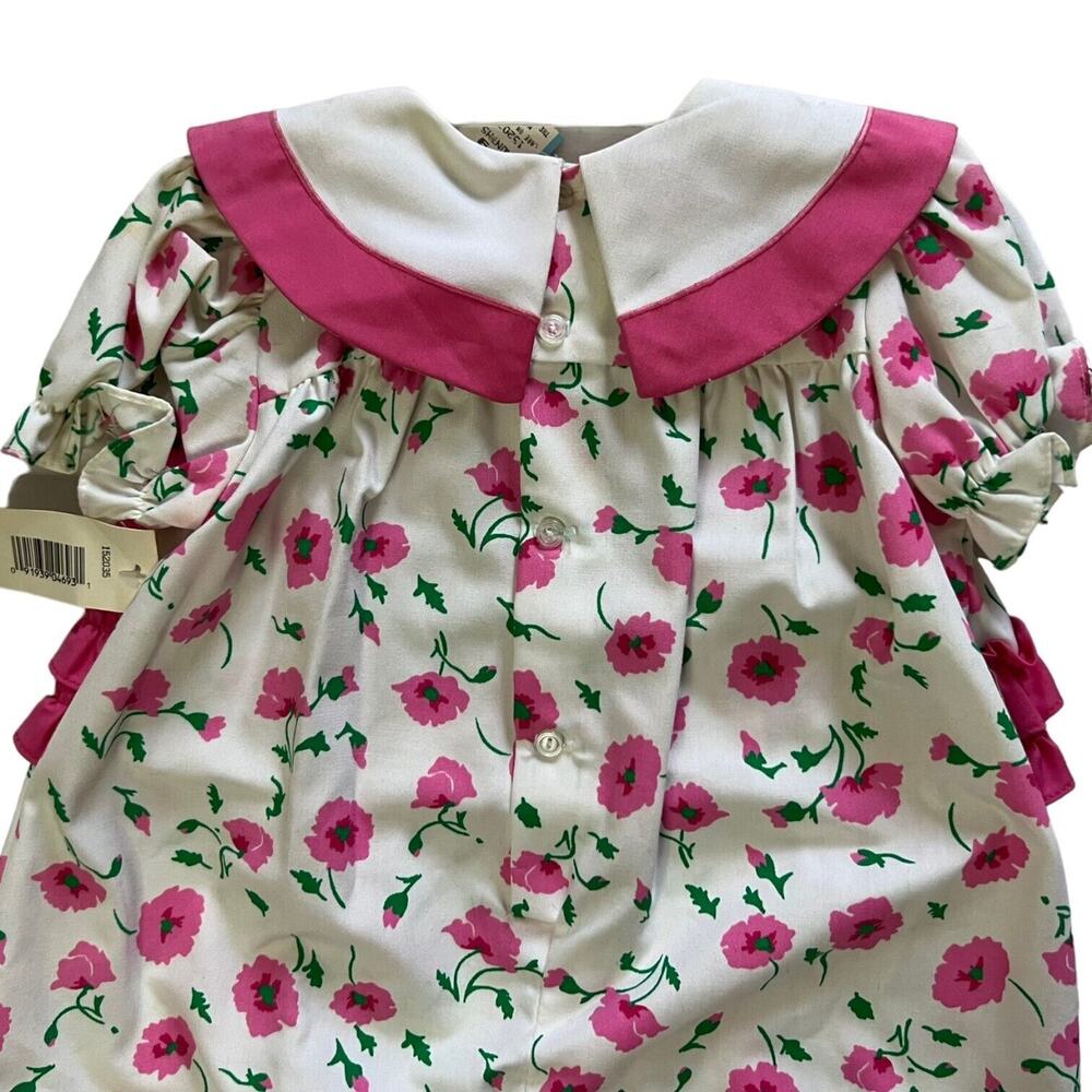 Vintage 80s Baby Pink, White, & Green Floral Collared Romper Size 6-9 Months - Picture 7 of 13